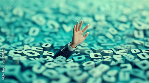 A hand emerges from a sea of numbers, symbolizing struggle or desperation amidst overwhelming data.