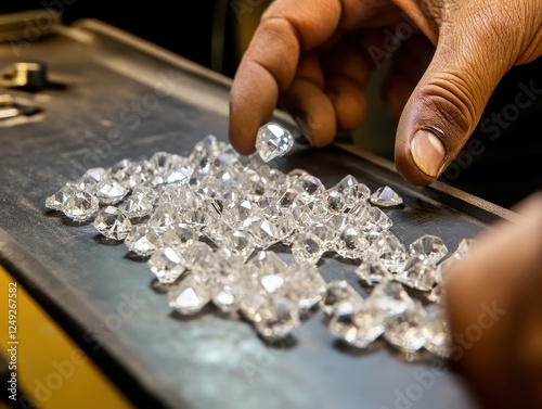 Skilled hands sorting raw uncut diamonds photo