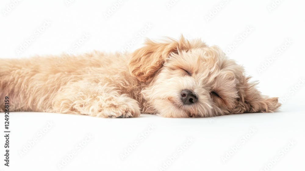 Cute sleeping puppy with fluffy fur resting peacefully on a soft white surface, capturing a moment of tranquility and warmth Cute sleeping puppy with fluffy fur resting peacefully on a soft white surface, capturing a moment of tranquility and warmth