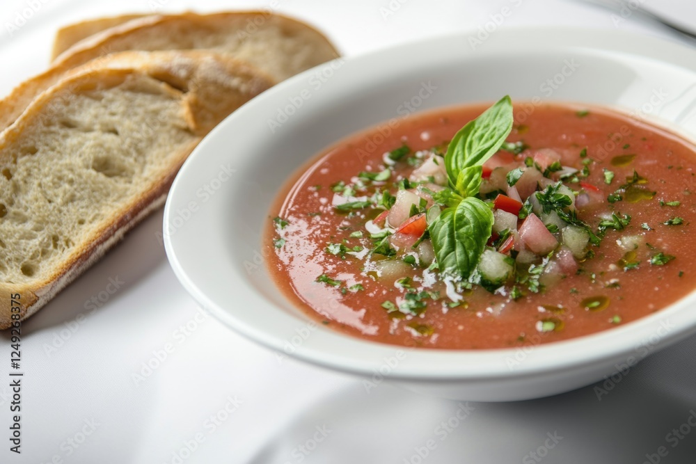 A bowl of soup with a side of bread. The soup is garnished with basil and tomatoes A bowl of soup with a side of bread. The soup is garnished with basil and tomatoes