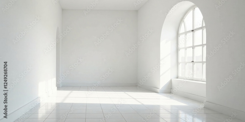 Fototapeta premium Sunlit Empty Room with Archway and Large Window, Ideal for Interior Design Presentations and Real Estate Visualizations