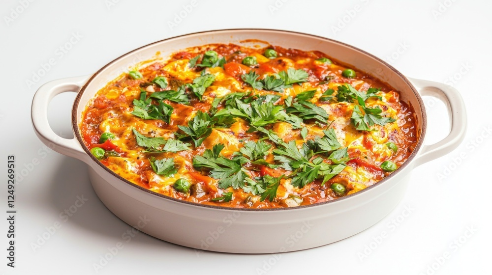 A rustic baking dish overflows with a mouthwatering Shakshouka, featuring vibrant tomatoes, eggs, green peas, and fresh parsley. Enjoy this comforting meal anytime A rustic baking dish overflows with a mouthwatering Shakshouka, featuring vibrant tomatoes, eggs, green peas, and fresh parsley. Enjoy this comforting meal anytime