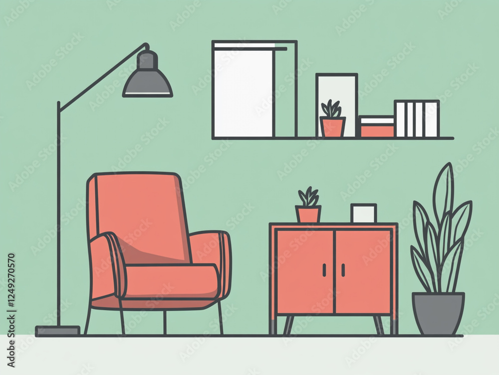 A modern living room with a red armchair, a white cabinet, potted plants, shelves with books and decor, a floor lamp, and framed artwork on a light green wall. 2D minimalist illustration. A modern living room with a red armchair, a white cabinet, potted plants, shelves with books and decor, a floor lamp, and framed artwork on a light green wall. 2D minimalist illustration.