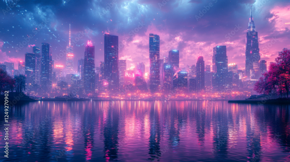 Fototapeta premium Vibrant city skyline with towering skyscrapers reflecting on serene waters during twilight hours
