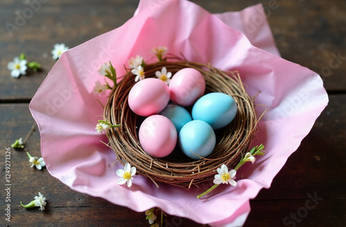 Colorful Eggs with Gold Spots nest on pink Background Easter Card. AI Generative photo