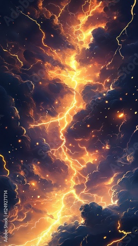 Dramatic Lightning Storm with Fiery Colors and Expressionist Clouds