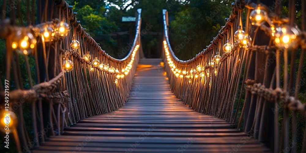Fototapeta premium rope wooden bridge and bulb light decorated with warming twilight evening