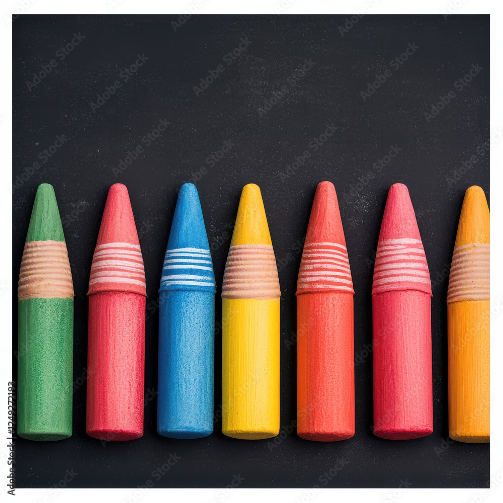 Colorful crayons arranged on chalkboard background Colorful crayons arranged on chalkboard background