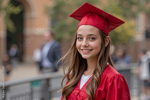 A young woman in a graduation cap and gown smiling while holding her diploma photo