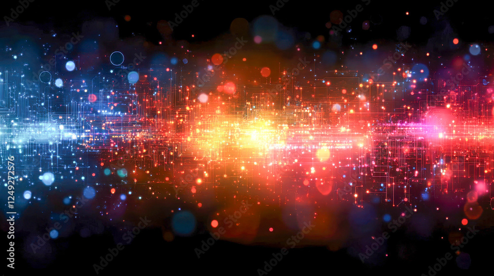 Digital data flow with bright blue and orange lights creating an abstract network in a virtual environment Digital data flow with bright blue and orange lights creating an abstract network in a virtual environment