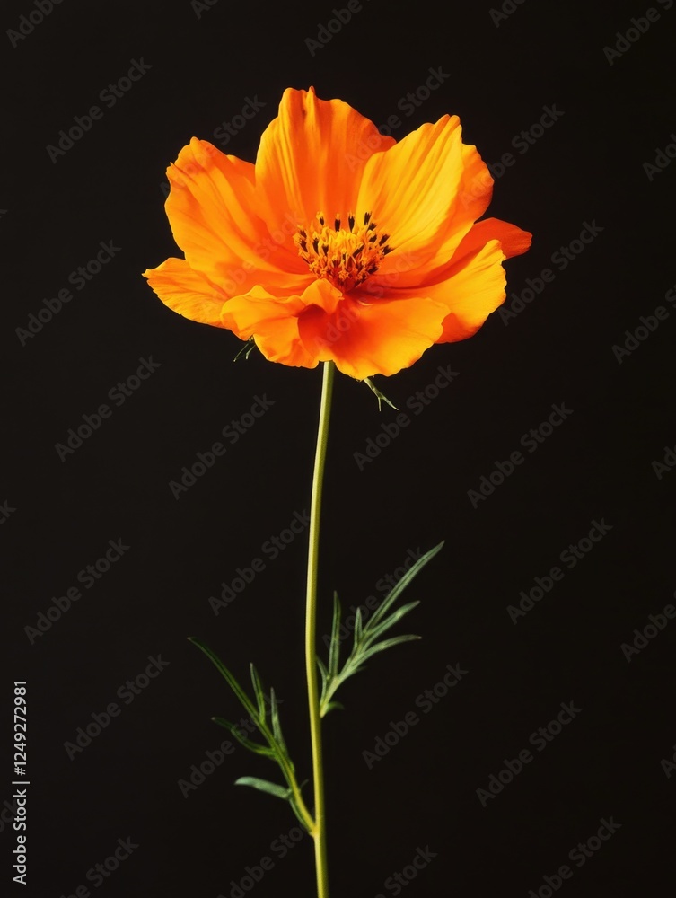 Vivid orange daisy with long stem and green leaves. Vivid orange daisy with long stem and green leaves.