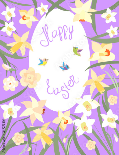Easter greeting card with Easter bunnies and Easter eggs