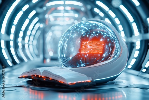 A futuristic digital textbook floating in a zero-gravity spaceship, displaying holographic lessons