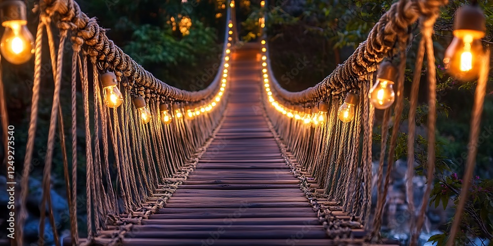 Obraz premium rope wooden bridge and bulb light decorated with warming twilight evening