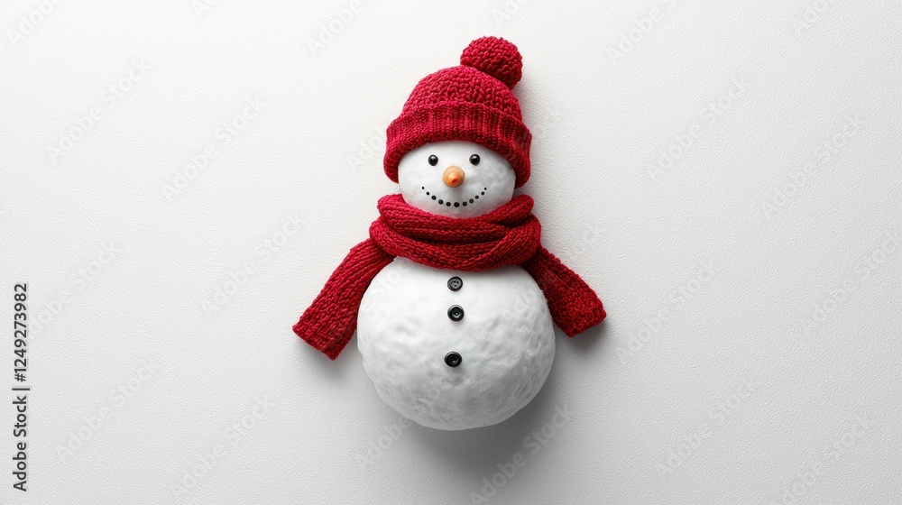 Festive Snowman, Red Knit Hat and Scarf, White Background, Holiday Decor Festive Snowman, Red Knit Hat and Scarf, White Background, Holiday Decor