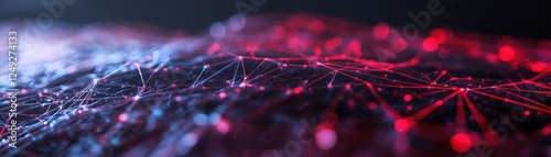 Intricate network of interconnected red and blue lines creating complex digital pattern