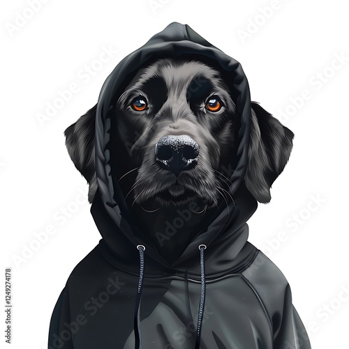 Black Labrador Retriever Hoodie: A close-up portrait of a black Labrador retriever wearing a black hoodie, looking directly at the camera with soulful brown eyes. photo