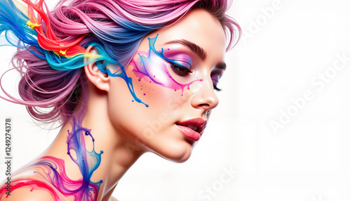 Vibrant woman with colorful ink art on face, dynamic expression