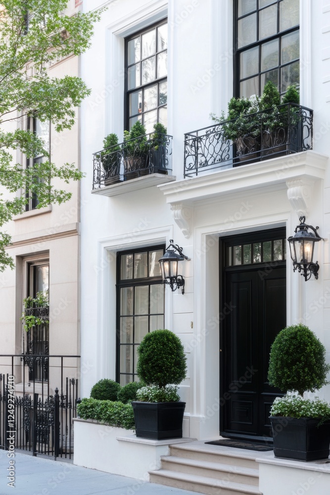 This sophisticated townhouse, adorned with striking black accents and surrounded by vibrant greenery, offers a serene escape in a peaceful urban neighborhood bathed in daylight This sophisticated townhouse, adorned with striking black accents and surrounded by vibrant greenery, offers a serene escape in a peaceful urban neighborhood bathed in daylight