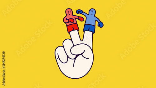 Red and blue finger puppets fighting on hand making victory gesture