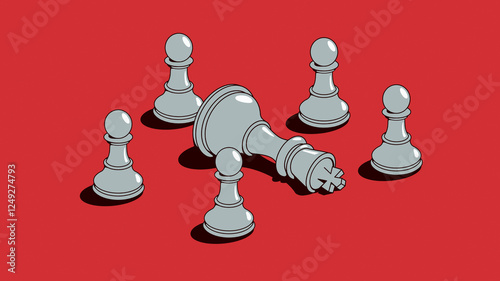 Chess pawns surrounding toppled king