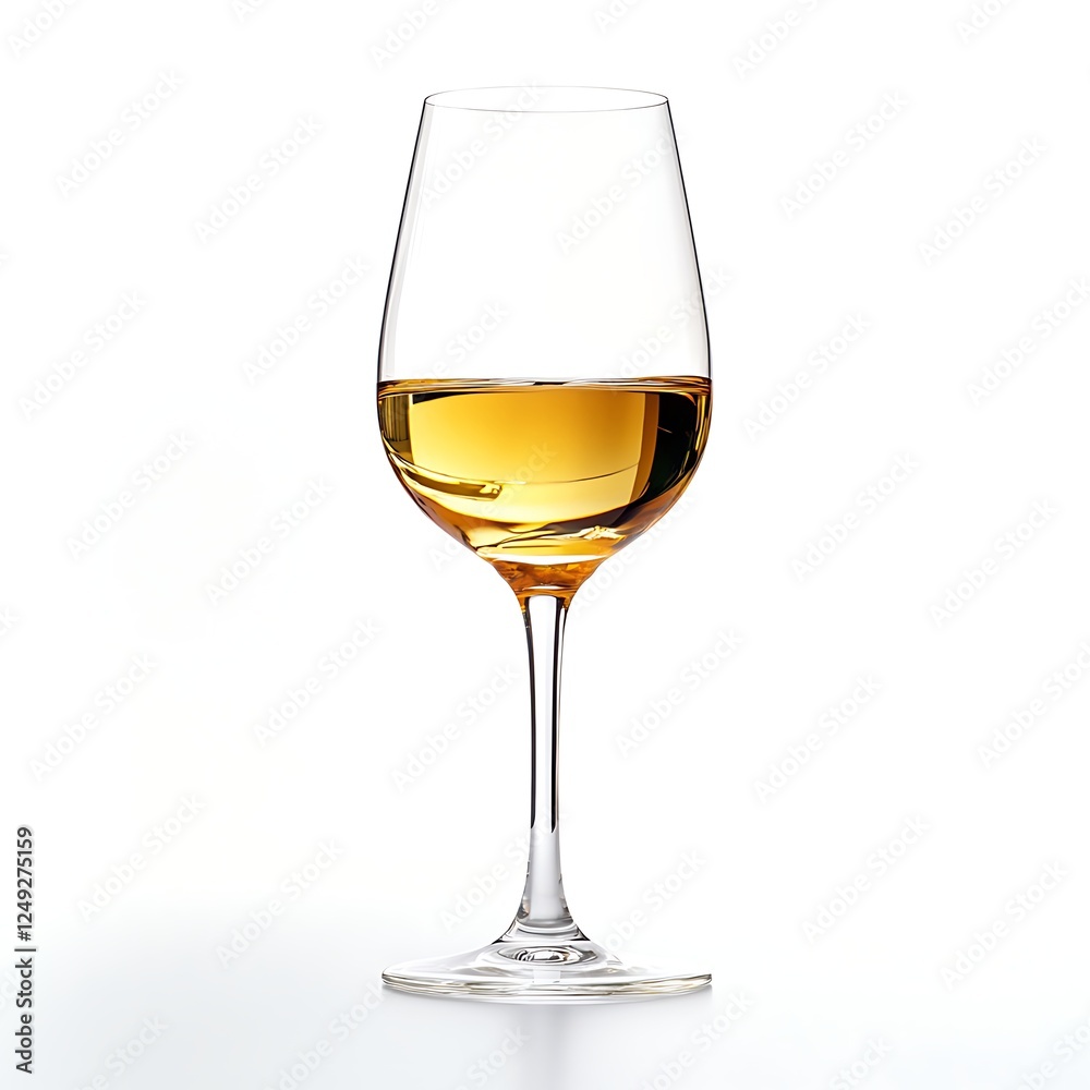 White Wine in Glass: A close-up view of a clear glass filled with golden-hued white wine, its surface shimmering with light. The stemware, clean and elegant.
