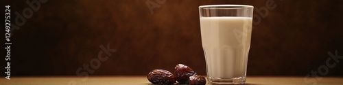 Milk glass dates wooden background healthy drink