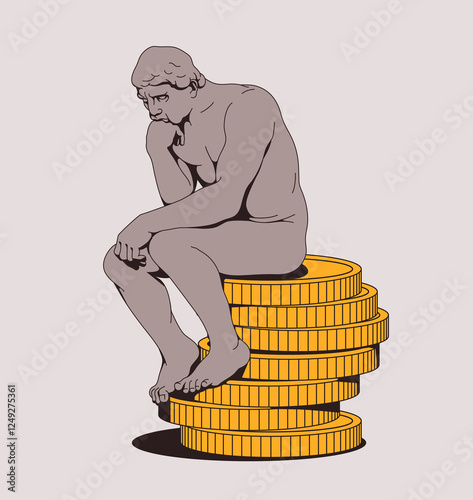 The Thinker sitting on top of pile of coins