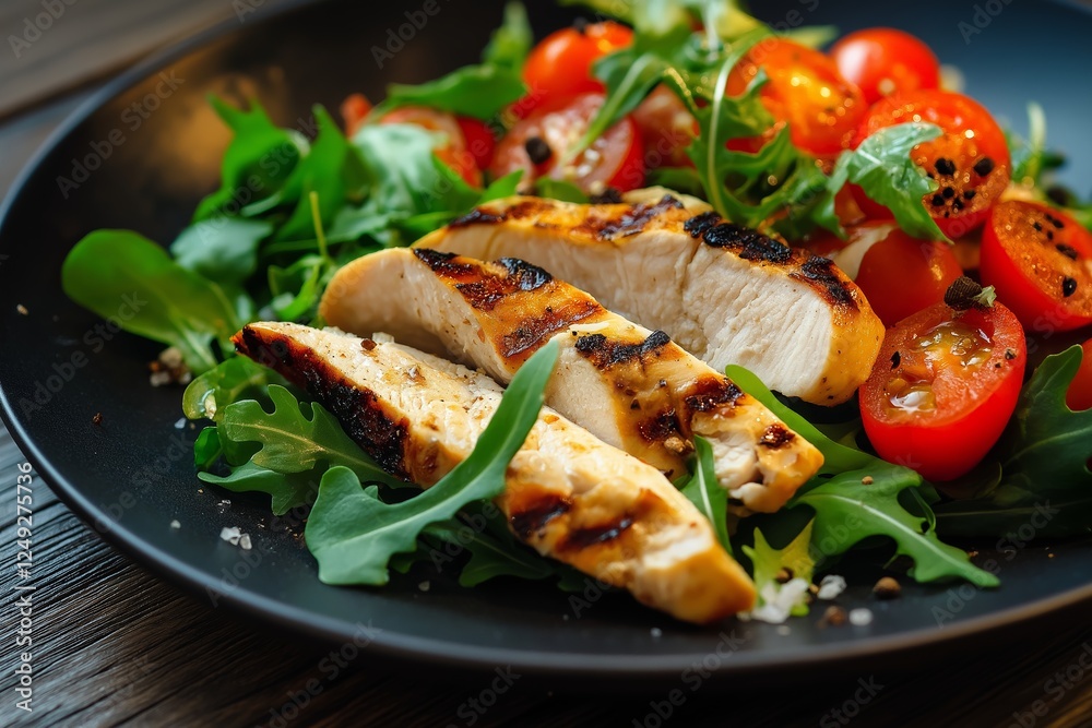 A plate with salad of fresh vegetables and chicken offers a vibrant and nutritious option for savory breakfasts, combining flavor and freshness seamlessly.