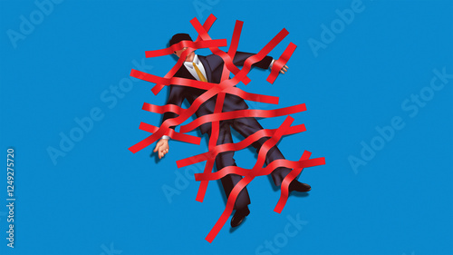 Businessman stuck to the floor by red tape
