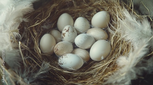 Close-up of bird nest with eggs surrounded by feathers and straw in a natural setting