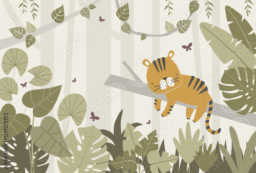 Vector illustration cute tiger lying sleeping on a branch, tropical leaves, jungle. Tropical wallpaper for children's room. Kids room design, wall decor. Mural. Wall art. African. Safari.