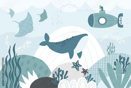 Vector illustration underwater world with cute whale, fishes, stingray and submarine. Algae and coral. Children's sea wallpaper. Animals. Kids room design, wall decor. Mural. Wall art. Sea. Ocean.