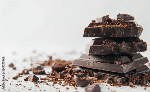 Close-up of dark chocolate pralines on a white background, studio shot, photorealistic product photography with copy space