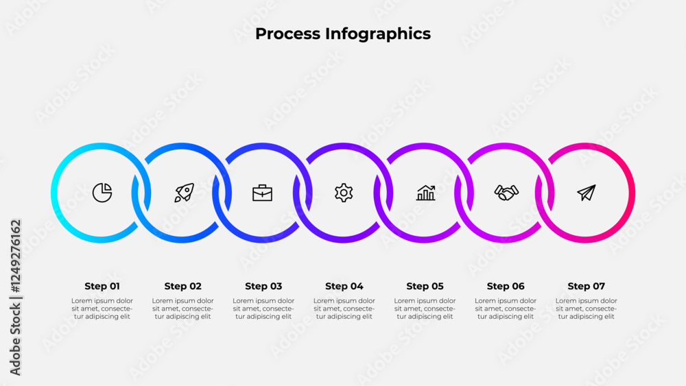 Fototapeta premium Infographic 7 steps process with circular graphics, suitable for business, marketing, or academic use in visualizing workflows, strategies, or concise step-by-step instructions