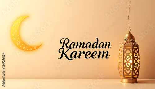 Ramadan Kareem Greeting with Crescent Moon and Lantern