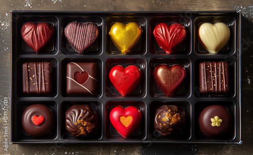 Close-up of an assortment box with heart-shaped chocolates in the center, surrounded by various chocolates in dark packaging, high-resolution image with copy space