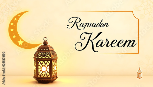 Ramadan Kareem Greeting with Crescent Moon and Lantern