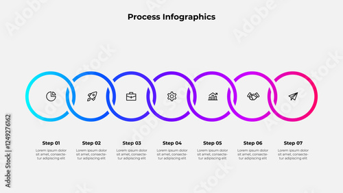 Infographic 7 steps process with circular graphics, suitable for business, marketing, or academic use in visualizing workflows, strategies, or concise step-by-step instructions