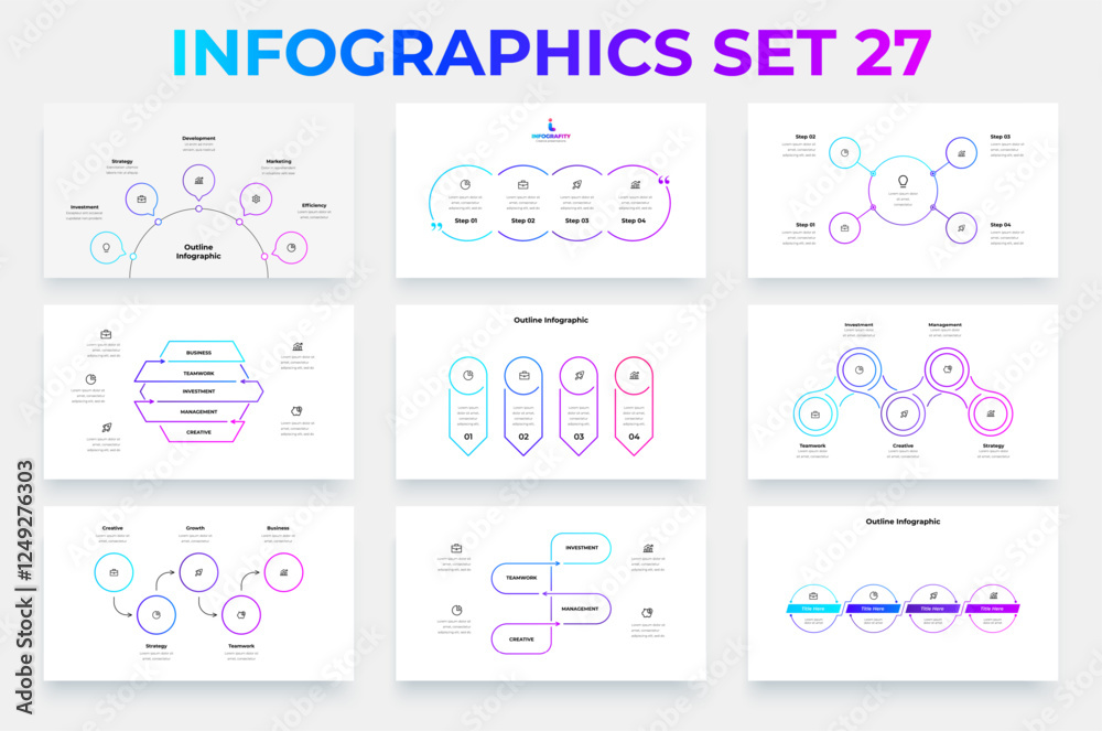 Fototapeta premium Line infographic templates for business, management, and communication. Flowcharts, timelines and process diagrams with 4 and 5 options, steps or options