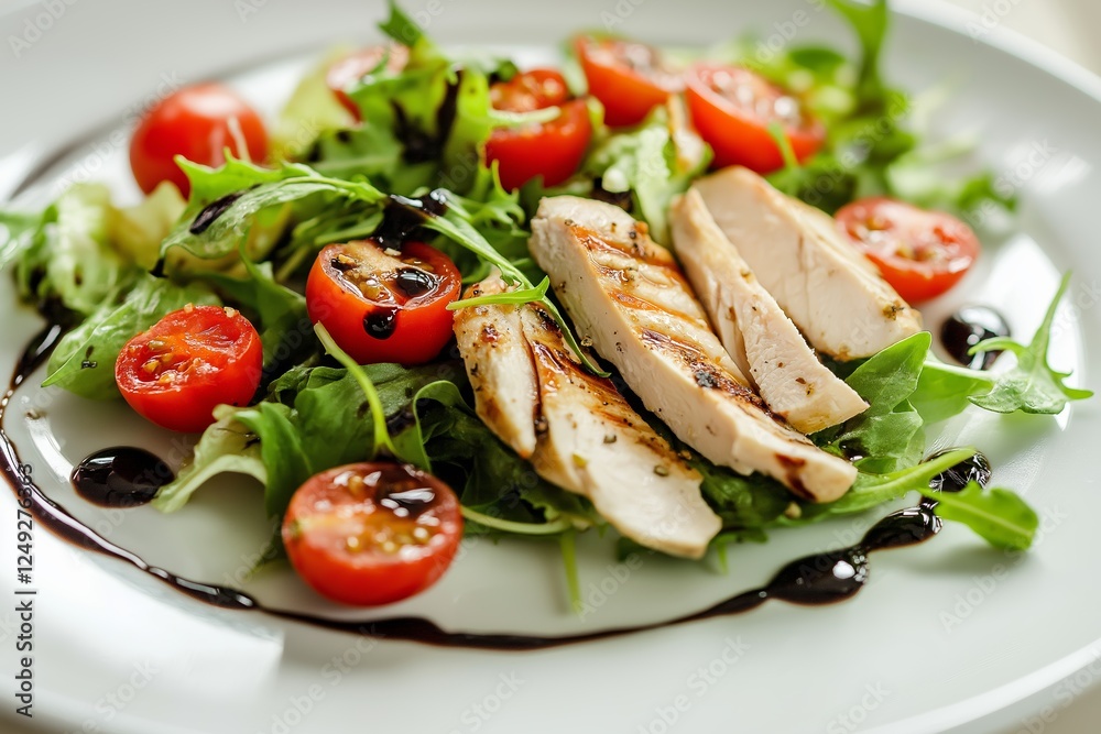 A plate with salad of fresh vegetables and chicken offers a colorful addition to savory breakfasts, making it a delightful and healthy meal choice. A plate with salad of fresh vegetables and chicken offers a colorful addition to savory breakfasts, making it a delightful and healthy meal choice.