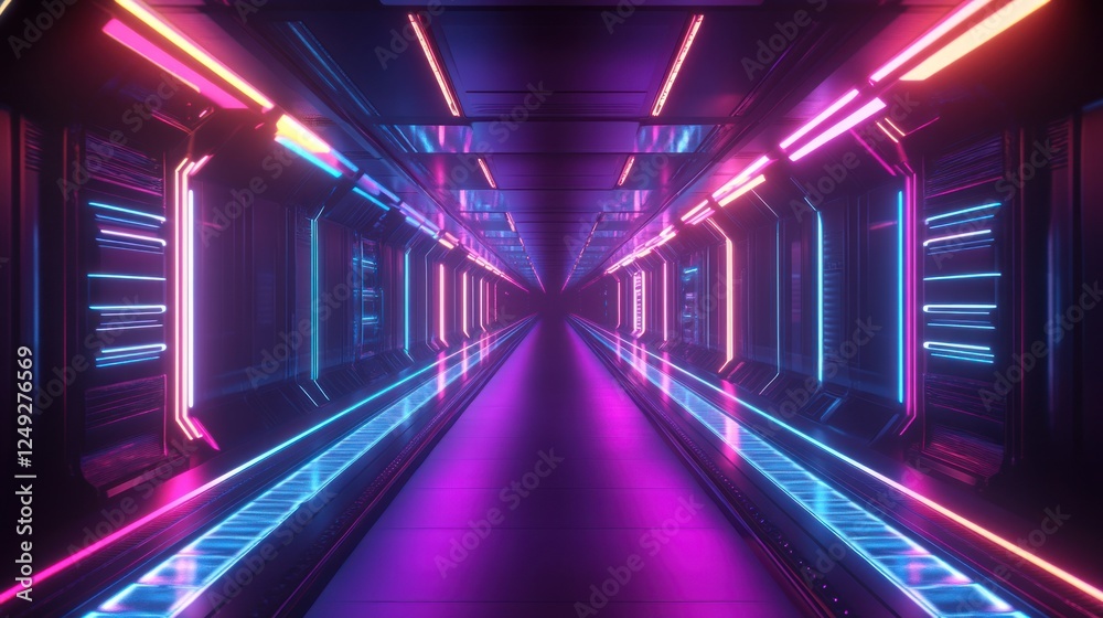 Fototapeta premium Futuristic Neon Lit Tunnel: A Cyberpunk Corridor with Vibrant Lights
