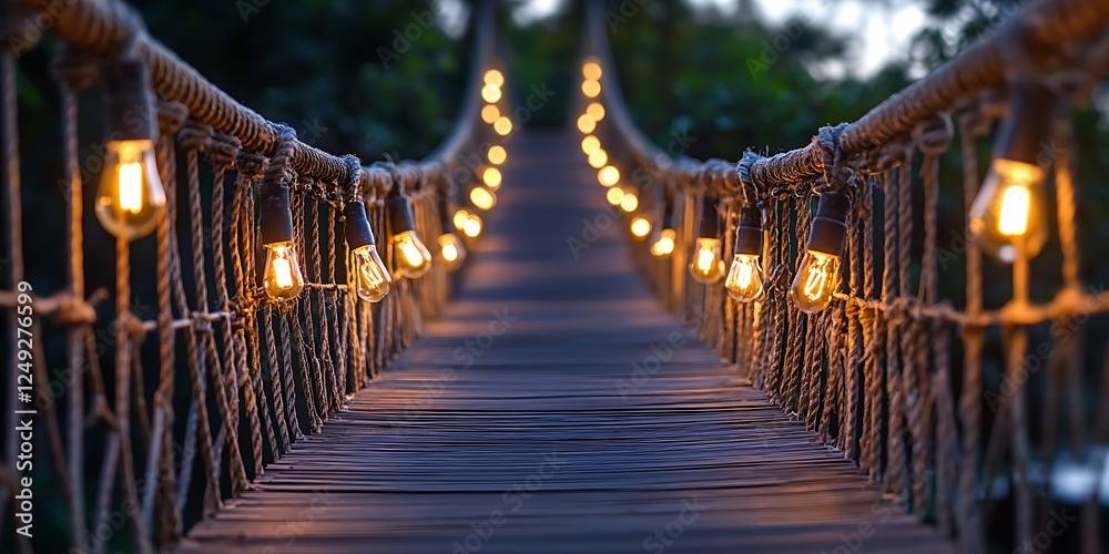 Fototapeta premium rope wooden bridge and bulb light decorated with warming twilight evening