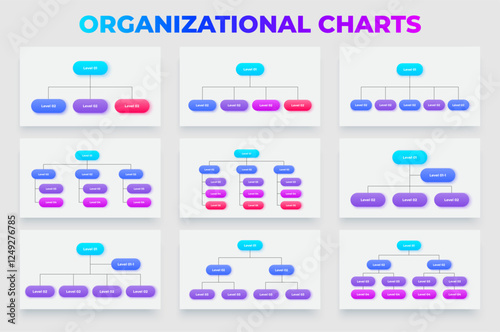 Collection of organizational chart designs showcasing various hierarchical structures and layouts for business and corporate purposes. Infographic flowchart templates