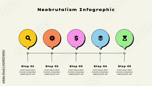 Five horizontal circle elements. Concept of 5 options of business development process. Timeline vector illustration. Neobrutalism infographic template