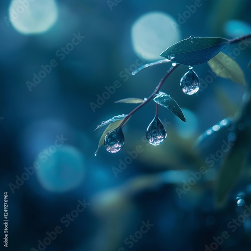This mesmerizing image captures the delicate beauty of water droplets in mid-air, suspended against a soft, blurred blue background. 