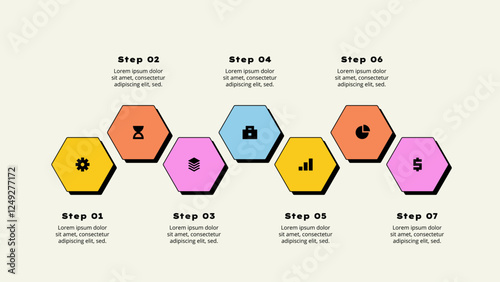 Seven horizontal hexagons elements. Concept of 7 options of business development process. Timeline vector illustration. Neobrutalism infographic template.