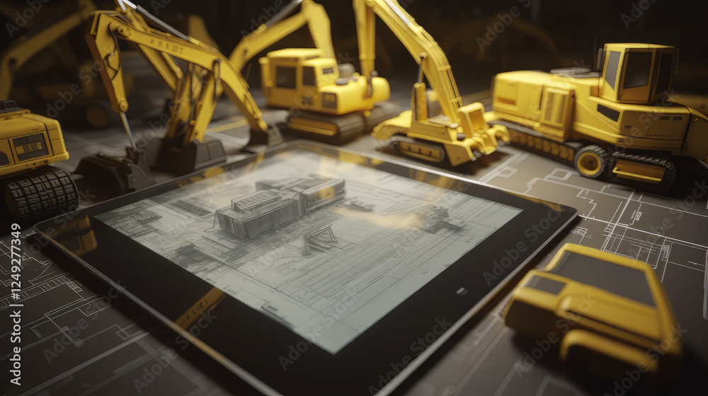 A modern construction scene with a tablet displaying 3D building plans, a yellow helmet, and a measuring tape on a sleek work surface A modern construction scene with a tablet displaying 3D building plans, a yellow helmet, and a measuring tape on a sleek work surface