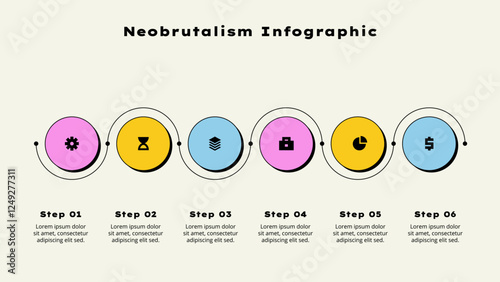 Six horizontal circle elements. Concept of 6 options of business development process. Timeline vector illustration. Neobrutalism infographic template