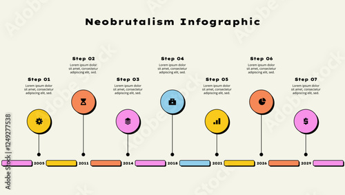 Seven horizontal circle elements. Concept of 7 options of business development process. Timeline vector illustration. Neobrutalism infographic template
